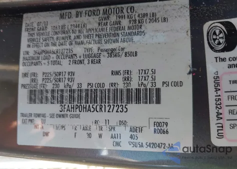 2012 Ford Fusion Se z USA, uszkodzony, nr VIN 3FAHP0HA5CR127235